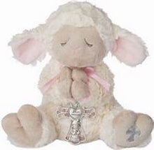 Load image into Gallery viewer, Serenity Lamb with Crib Cross-Blue, Pink, or White Ribbon