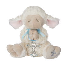 Load image into Gallery viewer, Serenity Lamb with Crib Cross-Blue, Pink, or White Ribbon